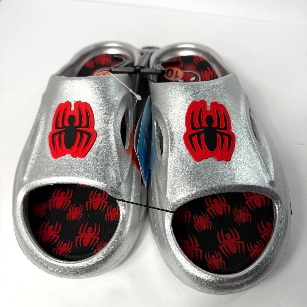 Marvel Spider-Man Slides Mens Silver Red‎ Superhero Comic Sandals NWT Size 10